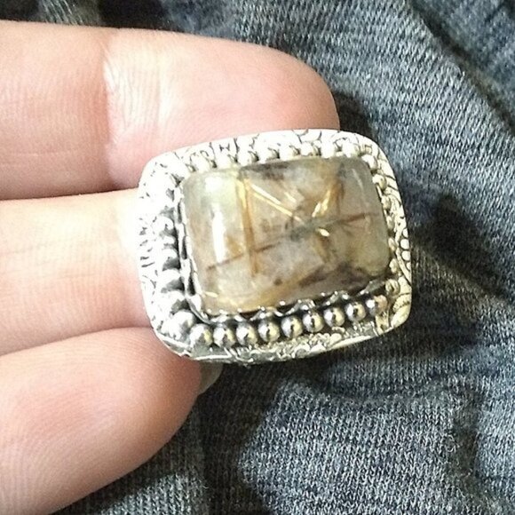 Sz 6.5 ~ Rutilated Quartz Ring! Square Cabochon! SouthWest Vibe! Wide Cigarband - Picture 3 of 10
